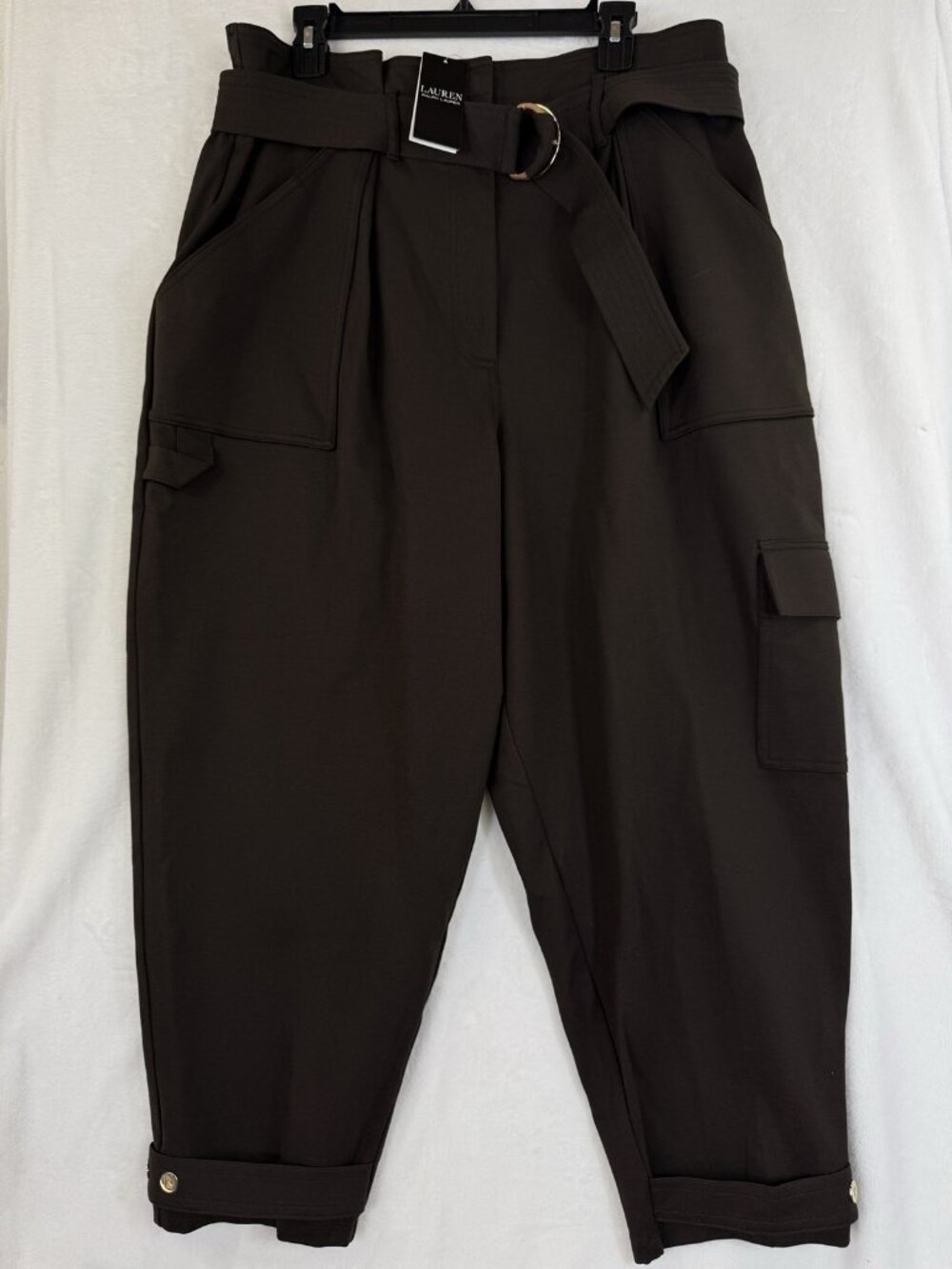 Lauren Ralph Lauren 16 Womens Belted Ponte Cargo Pants Brown New NWT